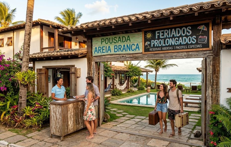 Fotografia colorida da entrada de uma pousada rústica e elegante à beira-mar. Uma recepcionista sorridente atende um casal em um balcão de madeira enquanto outro casal entra pelo portal carregando malas. Ao fundo, é possível ver um jardim com piscina, coqueiros e a vista para o oceano azul sob a luz do entardecer. No portal de madeira, placas indicam o nome Pousada Areia Branca e anunciam pacotes para feriados prolongados.