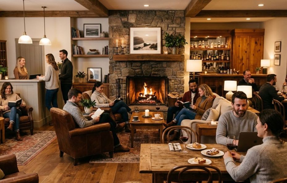 Fotografia do lobby de um hotel com decoração rústica em tons de madeira e pedra com uma lareira acesa ao centro. Diversas pessoas estão espalhadas pelo ambiente em poltronas de couro e sofás confortáveis enquanto leem livros, conversam, bebem vinho ou trabalham em laptops. Há um balcão de recepção ao fundo à esquerda e uma área de bar à direita, criando uma atmosfera calorosa e relaxante.