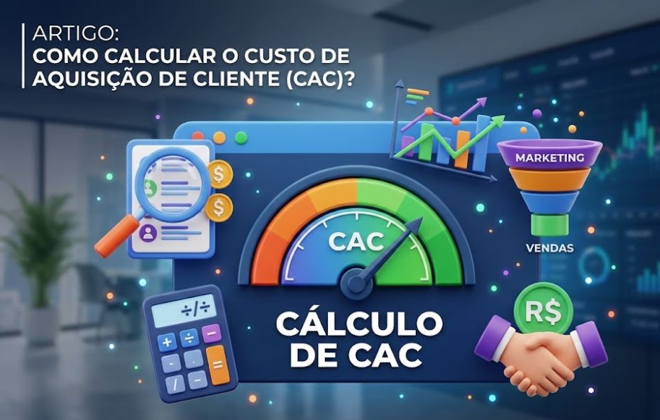 Imagem com estilo gráfico em três dimensões apresentando um velocímetro central com a sigla CAC, uma calculadora colorida, um funil de vendas indicando marketing e um aperto de mãos com o símbolo de real sobre um fundo de escritório tecnológico com telas de dados.
