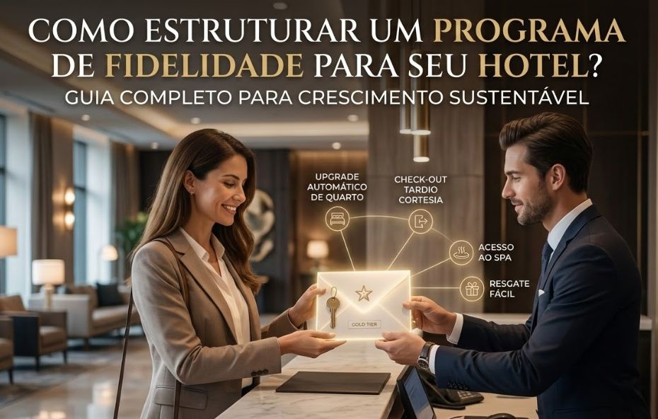 Fotografia realista de um balcão de recepção de hotel luxuoso. Um recepcionista profissional entrega um envelope dourado com uma chave de quarto e uma estrela para uma hóspede sorridente. Sobre a imagem, há ícones flutuantes dourados indicando benefícios como upgrade de quarto e acesso ao spa, acompanhados pelo título principal do artigo em letras brancas e douradas.