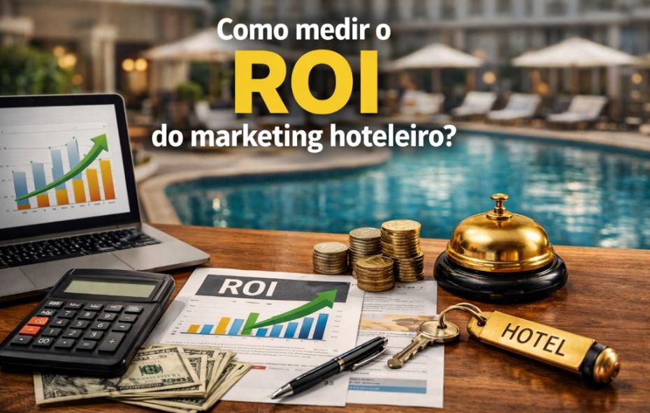 Fotografia de uma mesa de madeira em primeiro plano contendo um notebook com gráfico de crescimento, uma calculadora, notas de dólar, moedas empilhadas, um sino de recepção dourado e chaves de hotel. Ao fundo, observa-se uma área de lazer com piscina azul e espreguiçadeiras sob guarda-sóis. O texto centralizado na imagem pergunta como medir o ROI do marketing hoteleiro.