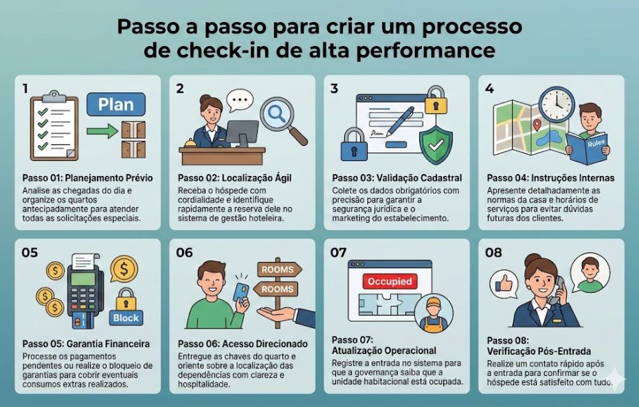 Um infográfico organizado em oito painéis numerados detalhando as etapas para um processo de check-in de hotel eficiente. Cada painel inclui um ícone ilustrativo, um subtítulo e um parágrafo descritivo em português.