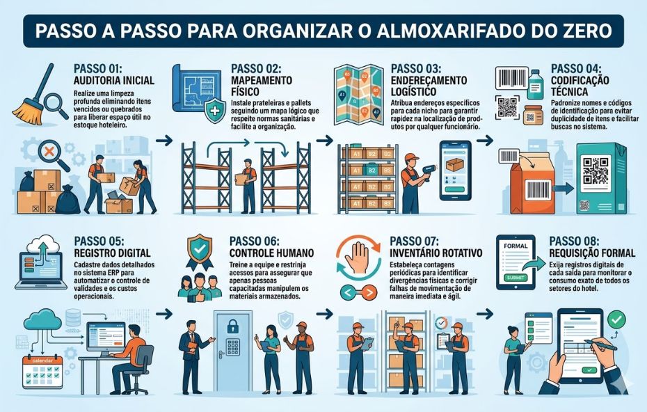 Um infográfico organizado em duas linhas de quatro quadros cada, com o título principal Passo a Passo para Organizar o Almoxarifado do Zero. Cada quadro contém um número de passo, um título, uma descrição textual e uma ilustração vetorial. A primeira linha mostra os passos 01 a 04, e a segunda linha mostra os passos 05 a 08. O design usa cores azul, laranja e teal, com setas indicando o fluxo operacional.
