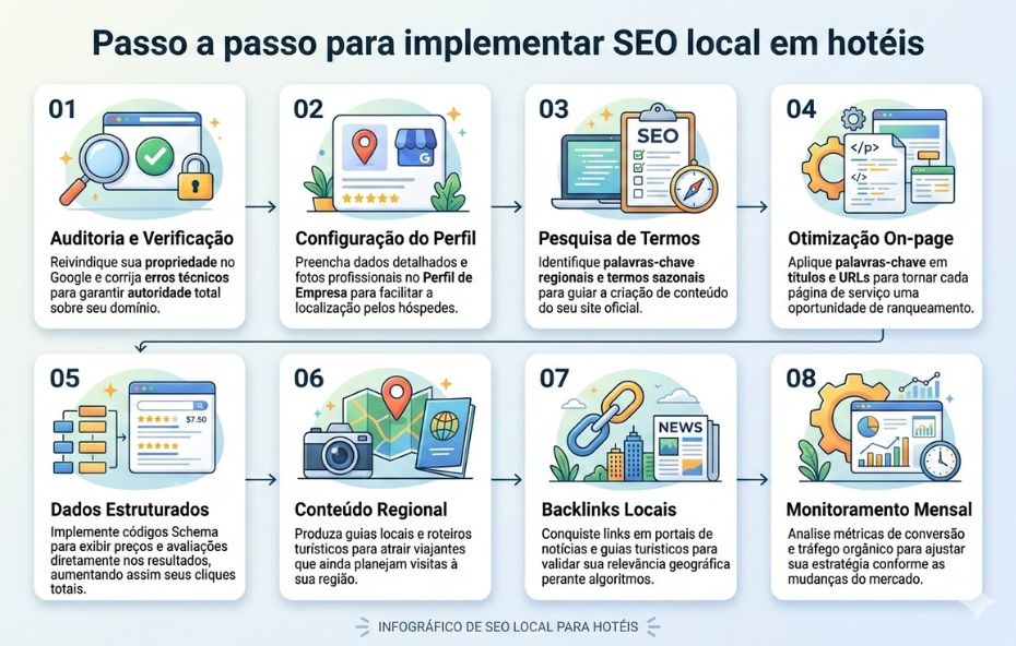 Infográfico horizontal com fundo azul claro apresentando oito passos numerados para otimização de SEO local em hotéis. Cada etapa contém um ícone ilustrativo colorido, um título em negrito e um parágrafo explicativo. O fluxo segue uma ordem lógica da esquerda para a direita em duas fileiras conectadas por setas finas.