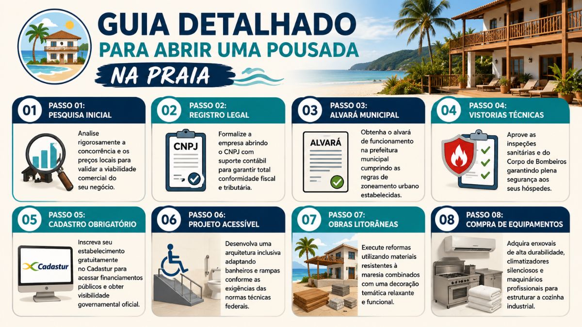 Infográfico intitulado Guia Detalhado para Abrir uma Pousada na Praia exibe oito passos numerados com ícones explicativos sobre fundo claro, ilustrando etapas que vão desde a pesquisa inicial e o registro legal até a compra de equipamentos, acompanhados por imagens de uma pousada de dois andares à beira-mar e uma praia ensolarada ao fundo.