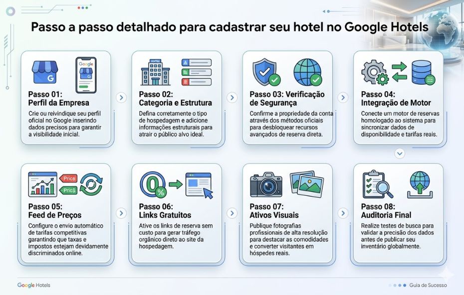 Infográfico organizado em oito blocos ilustrados que explicam as etapas de cadastro no Google Hotels. Cada bloco possui um ícone temático e um título numerado do passo zero um ao passo zero oito, detalhando desde a criação do perfil até a auditoria final de dados. O design é limpo, com tons de azul e cinza, apresentando setas indicativas de fluxo e o logotipo do Google Hotels no canto inferior.