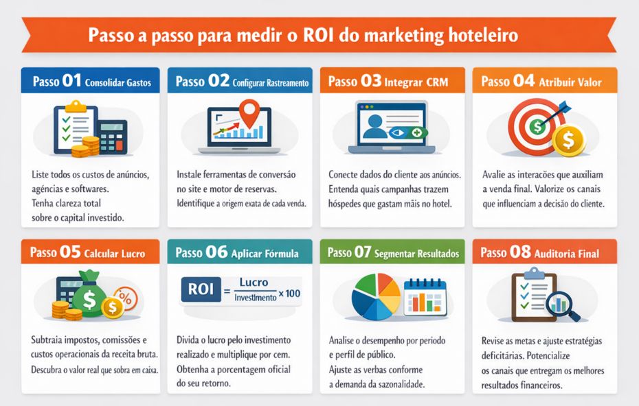 Imagem informativa dividida em oito blocos coloridos que detalham as etapas para calcular o retorno sobre investimento na hotelaria. Cada quadrante apresenta um ícone ilustrativo, um título de passo numerado e um breve texto explicativo sobre gestão financeira e análise de dados.