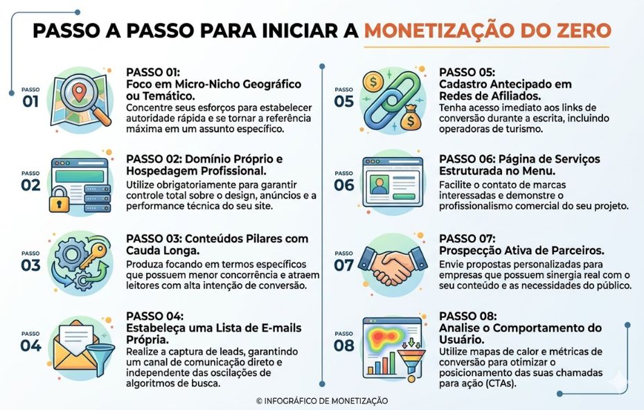 Infográfico profissional com fundo claro apresentando oito passos numerados para a monetização de blogs. Cada etapa possui um ícone colorido ilustrativo e textos explicativos em português dispostos em duas colunas verticais separadas por uma linha central azul.