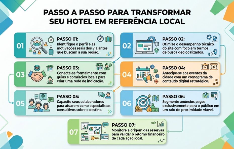 Infográfico colorido organizado em sete blocos numerados que explicam de forma sequencial as etapas para transformar um hotel em autoridade regional. O design utiliza ícones modernos e setas indicativas que guiam a leitura do primeiro ao sétimo passo sobre fundo claro com detalhes geométricos nas bordas.