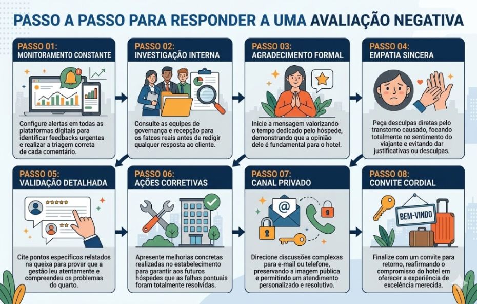 Infográfico organizado em oito quadros sequenciais que detalham o processo de gestão de crises em hotelaria. As etapas incluem monitoramento de plataformas, investigação com equipes de governança, agradecimento formal ao hóspede e demonstração de empatia sincera. O guia também orienta sobre a validação de pontos específicos da queixa, apresentação de ações corretivas, transição para canais privados e encerramento com um convite cordial para o retorno do cliente ao estabelecimento.