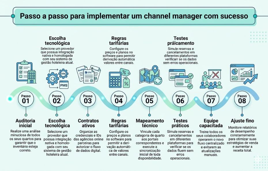 Um infográfico profissional de layout horizontal com o título Passo a passo para implementar um channel manager com sucesso. A imagem exibe uma linha do tempo ondulada em tons de azul clara e ciano conectando oito círculos numerados de 01 a 08. Cada círculo está associado a uma coluna que contém um subtítulo em negrito, um ícone ilustrativo correspondente e um breve parágrafo descritivo em português detalhando as etapas de auditoria inicial, escolha tecnológica, contratos ativos, regras tarifárias, mapeamento técnico, testes práticos, equipe capacitada e ajuste fino. O fundo é cinza claro com padrões de pontos decorativos.