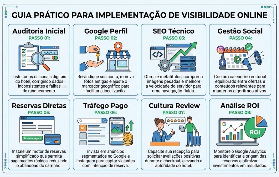 Infográfico educativo com oito quadros numerados de um a oito detalhando passos para visibilidade de hotéis. Os tópicos incluem auditoria inicial, perfil do Google, SEO técnico, gestão social, reservas diretas, tráfego pago, cultura de avaliações e análise de retorno sobre investimento com ilustrações coloridas para cada etapa.