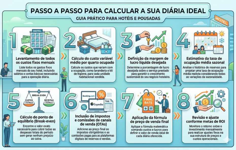 Infográfico horizontal com fundo azul claro apresentando oito passos numerados para precificação hoteleira. Cada etapa contém ícones ilustrativos sobre finanças e gestão, acompanhados de títulos e textos explicativos em português sobre custos, lucros, ocupação e indicadores de desempenho.