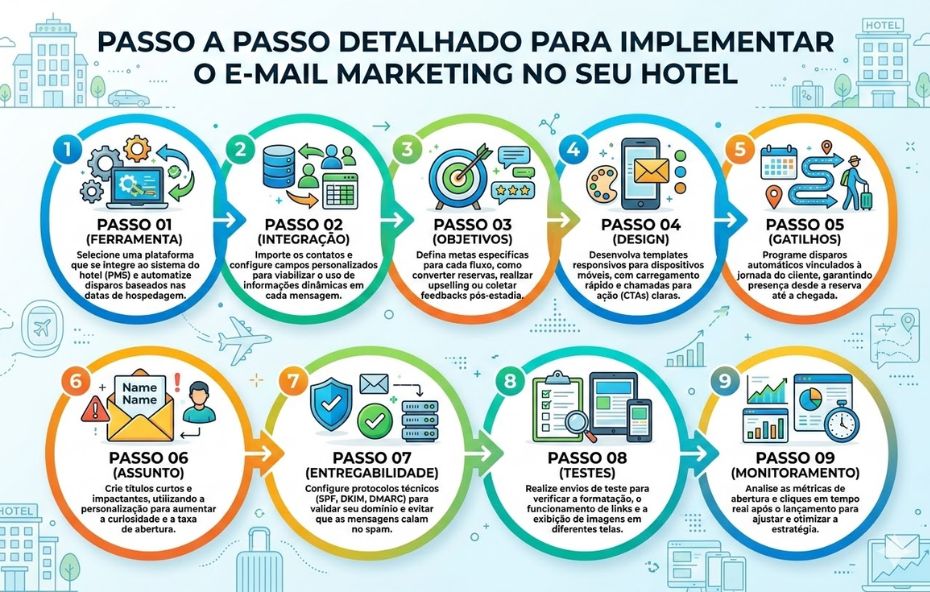 Infográfico com fundo azul claro e elementos hoteleiros apresentando nove etapas numeradas para o sucesso do e-mail marketing. Cada etapa possui um ícone colorido e uma descrição técnica detalhada sobre integração de sistemas, automação, design responsivo e monitoramento de resultados.
