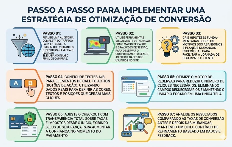 Infográfico organizado em sete blocos numerados com ícones coloridos. Cada bloco descreve uma etapa da otimização de conversão, desde a auditoria de tráfego e mapas de calor até testes A/B, otimização de motor de reservas, segurança no checkout e análise final de resultados com foco em refinamento contínuo.