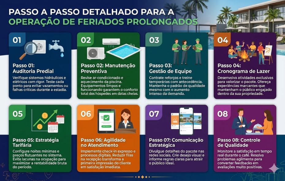 Infográfico horizontal com oito quadros coloridos numerados de 01 a 08 sobre fundo azul escuro. Cada quadro contém um ícone ilustrativo e um texto explicativo sobre etapas de gestão hoteleira, incluindo auditoria predial, manutenção, equipe, lazer, estratégia tarifária, atendimento, comunicação e controle de qualidade.