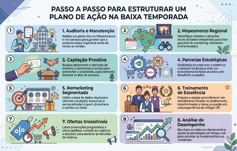Infográfico ilustrado com oito passos numerados para hotéis aumentarem a ocupação na baixa temporada. O design apresenta ícones coloridos e descrições detalhadas sobre auditoria de infraestrutura, mapeamento de eventos, captação de eventos corporativos, parcerias locais, remarketing para clientes antigos, treinamento de equipe, ofertas promocionais e análise de métricas de desempenho.