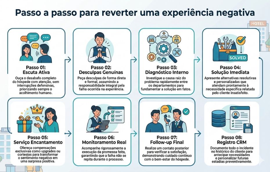 Infográfico explicativo organizado em oito quadros sequenciais que detalham os passos para transformar uma experiência negativa em fidelização na hotelaria. A imagem apresenta ícones ilustrativos para cada etapa, incluindo atendimento humanizado, diagnósticos técnicos, serviços de encantamento e registros em banco de dados.