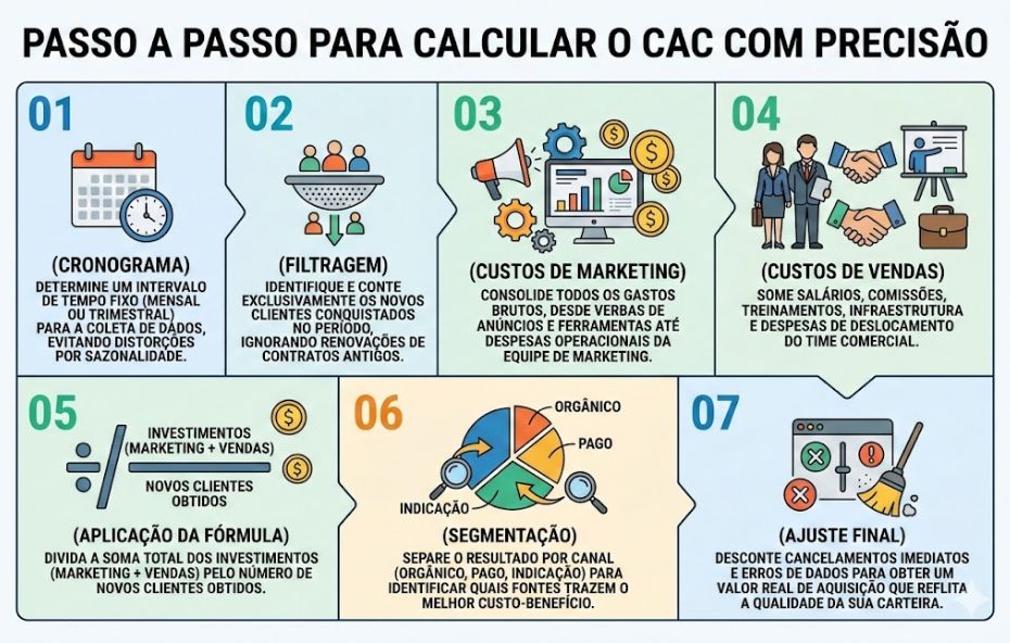 Infográfico educativo com fundo claro e sete quadros coloridos que explicam as etapas do cálculo de CAC, incluindo cronograma e filtragem e investimentos de marketing e vendas e aplicação da fórmula e segmentação de canais e ajustes finais de dados.