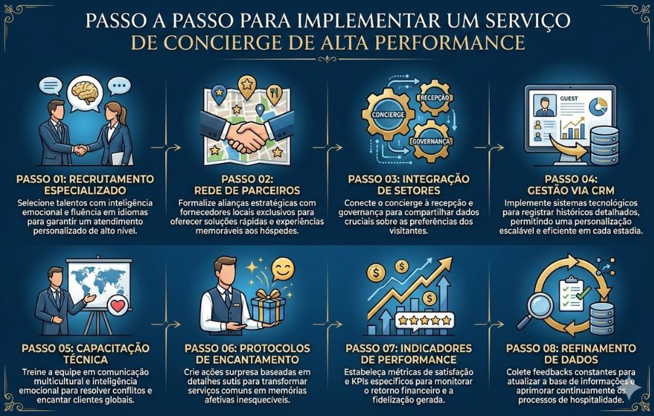 Um infográfico corporativo detalhado com o título Passo a passo para implementar um serviço de concierge de alta performance dividido em oito etapas numeradas organizadas em duas linhas horizontais de quatro blocos cada. O design utiliza ícones ilustrativos e textos explicativos em tons de azul e dourado sobre um fundo azul escuro sofisticado com setas indicando o fluxo do processo.