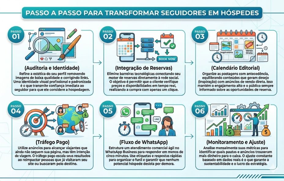 Infográfico com seis quadros explicativos sobre a jornada de conversão hoteleira digital apresentando os passos de auditoria de perfil integração de reservas calendário editorial tráfego pago fluxo de atendimento via WhatsApp e monitoramento de métricas em um layout moderno nas cores azul e branco