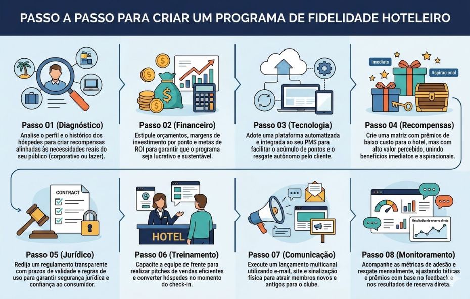 Infográfico horizontal com fundo azul claro apresentando oito quadros ilustrados. Cada quadro contém um ícone temático e um texto explicativo numerado de 01 a 08 sobre as etapas de estruturação de um programa de fidelidade em hotéis. O layout segue um fluxo lógico com setas indicativas e elementos visuais como gráficos, moedas e ícones de atendimento.