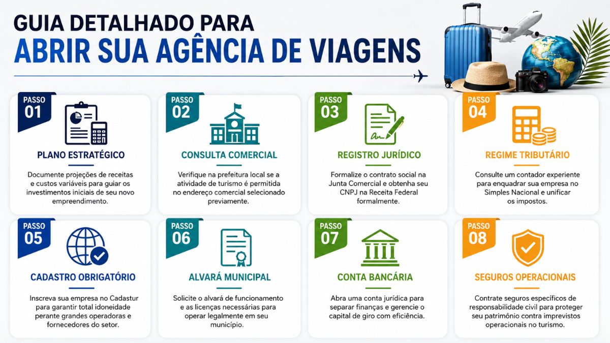 Infográfico em formato horizontal detalhando oito passos estruturados em blocos coloridos, contendo ícones ilustrativos sobre finanças, registros, alvará e seguros, acompanhado por elementos visuais na parte superior direita que incluem uma mala de viagem azul, chapéu, câmera fotográfica, globo terrestre e um avião decolando.