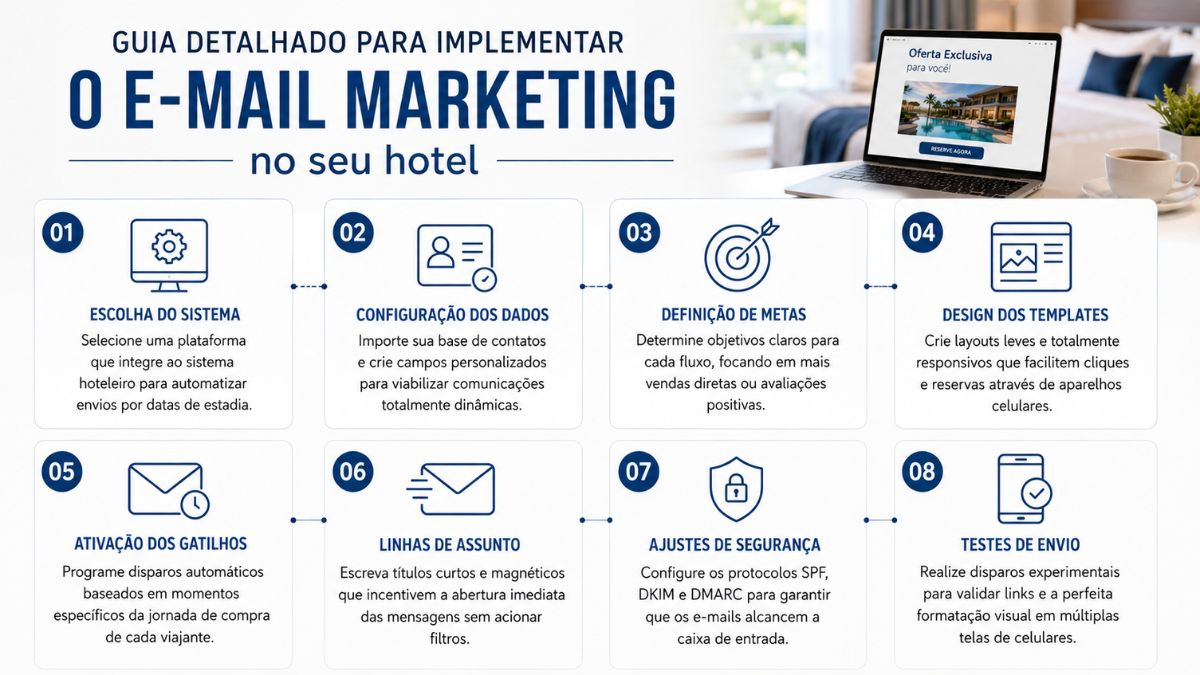 Infográfico com fundo claro detalhando oito passos estruturados para a implementação de campanhas digitais no setor de hospitalidade. Cada etapa apresenta um ícone azul explicativo dentro de um card arredondado, conectando a escolha do sistema, configuração de dados, definição de metas, design de templates, ativação de gatilhos, linhas de assunto, ajustes de segurança e testes de envio. No canto superior direito, um notebook aberto exibe a tela de uma oferta exclusiva de hospedagem ao lado de uma xícara de café.