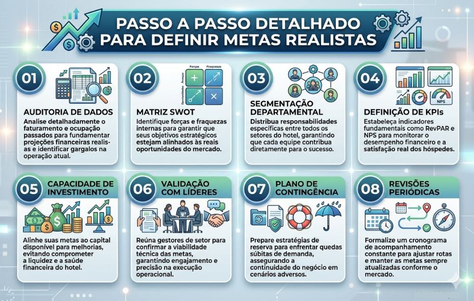 Infográfico com fundo azul e oito quadros numerados de um a oito detalhando etapas para definir metas realistas em hotéis. Cada quadro contém um ícone ilustrativo e um pequeno texto explicativo sobre processos como auditoria de dados, matriz SWOT e revisão periódica.