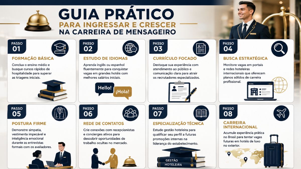 Infográfico quadrado com fundo claro detalhando o guia prático para ingressar e crescer na carreira de mensageiro de hotel. Na parte superior, há uma sineta de balcão dourada à esquerda e a foto de um mensageiro sorridente de terno escuro à direita. O conteúdo é organizado em oito blocos numerados de um a oito, dispostos em duas fileiras de quatro. Cada bloco traz um ícone redondo azul escuro com ilustrações brancas correspondentes ao tema, um título em letras douradas e um pequeno parágrafo explicativo em texto corrido sobre as etapas profissionais de formação, idiomas, currículo, vagas, postura, contatos, especialização e carreira internacional.