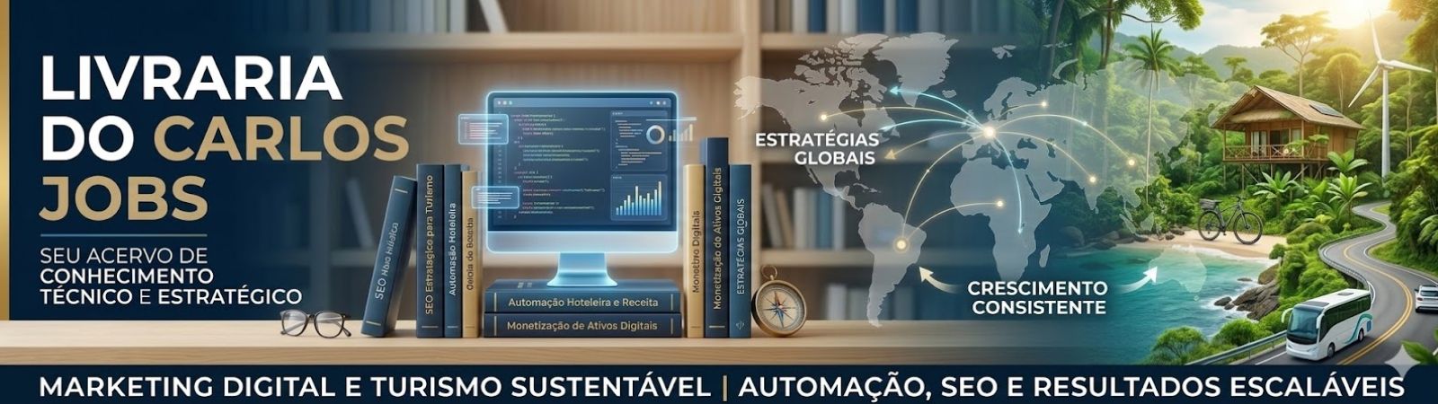 Banner horizontal mostrando uma transição entre uma livraria moderna com telas de dados de SEO e uma paisagem de turismo sustentável com energia limpa e estradas organizadas, destacando o nome Livraria do Carlos Jobs em dourado.
