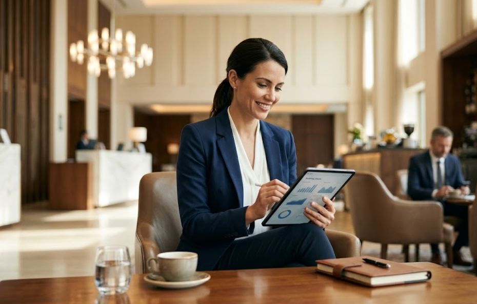 Fotografia em estilo profissional de uma mulher de negócios sentada em poltrona de couro no lobby de um hotel luxuoso. Ela veste um blazer azul marinho e sorri enquanto utiliza uma caneta digital em um tablet que exibe gráficos financeiros. Ao fundo, o ambiente do hotel é amplo e iluminado, com balcão de recepção e outro executivo sentado ao longe. Sobre a mesa de madeira em primeiro plano, há uma xícara de café, um copo de água e uma agenda com caneta.