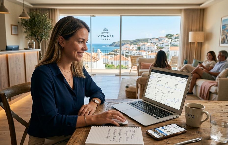Fotografia de uma mulher sorrindo sentada em uma mesa de madeira em um hotel. Ela usa um laptop exibindo um painel de análise e anota em um caderno. Ao fundo, uma grande janela revela a vista da costa e o nome "HOTEL VISTA MAR". Hóspedes relaxam na sala de estar ao fundo. Um smartphone e uma caneca estão na mesa.