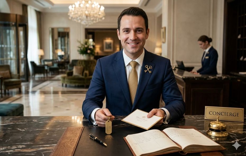 Fotografia ultra-realista em primeiro plano capturando um concierge de hotel de luxo, um homem sorridente e bem vestido em um terno azul-marinho com o pin dourado das Chaves de Ouro Les Clefs d’Or na lapela. Ele está em pé atrás de uma mesa de atendimento de mármore escuro, entregando um envelope com detalhes dourados e uma chave de quarto clássica para um hóspede cujas mãos são visíveis no canto inferior esquerdo. O fundo é um lobby de hotel opulento com lustres e texturas suaves, em foco suave.
