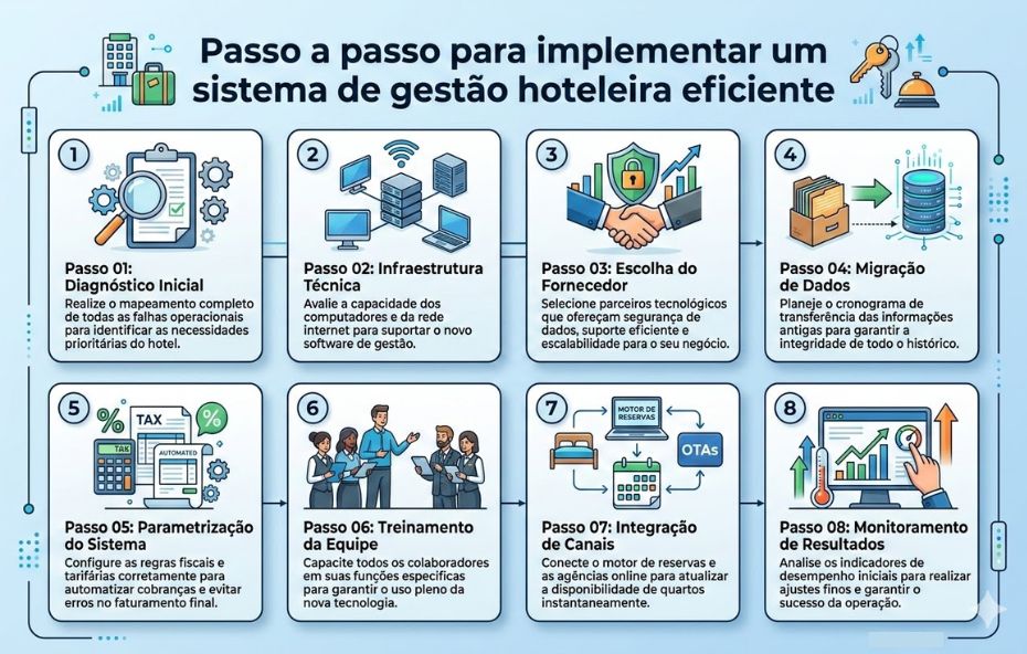 Infográfico em duas linhas de quatro passos, detalhando o processo de implementação de um sistema de gestão hoteleira. Cada passo tem um número, um ícone ilustrativo e um texto explicativo em português. O título principal está no topo: 'Passo a passo para implementar um sistema de gestão hoteleira eficiente'.
