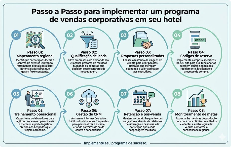 Um infográfico profissional com fundo claro apresenta oito círculos numerados de 01 a 08, dispostos em duas linhas de quatro, conectados por setas horizontais que indicam um fluxo contínuo. Cada círculo possui um ícone colorido, um título curto e um parágrafo descritivo em português, detalhando as etapas para criar um programa de vendas para empresas em hotéis. No topo, há o título principal da imagem. Na parte inferior, uma linha horizontal com o texto de encerramento. O design é limpo, com cores predominantemente azuis e verdes.