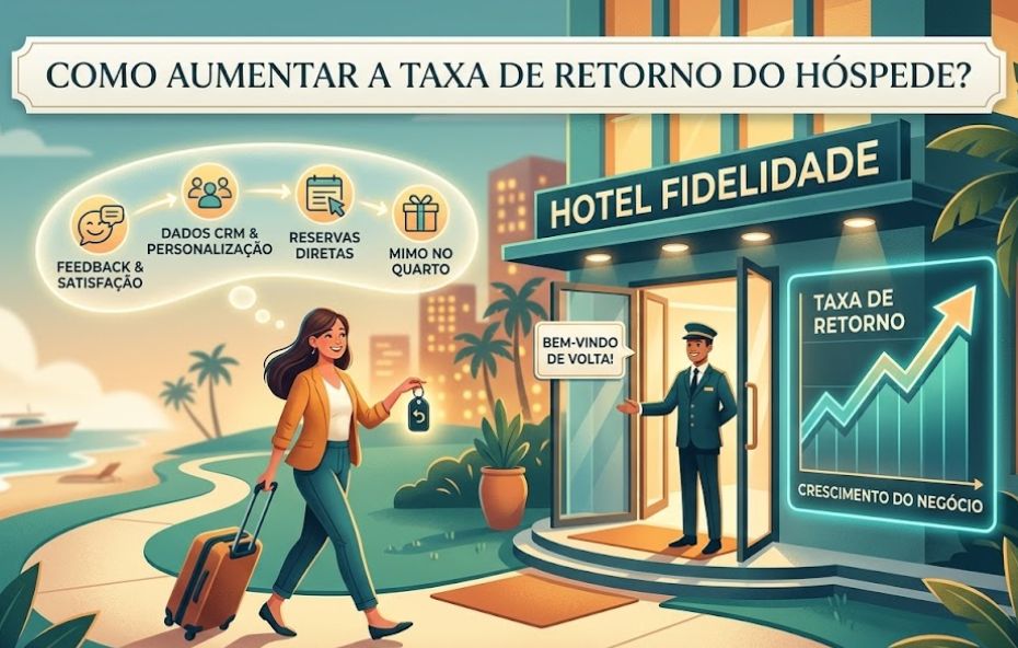 Ilustração digital de uma hóspede sorridente chegando a um hotel chamado Hotel Fidelidade. Ela carrega uma mala e uma chave enquanto um recepcionista fardado a recebe com um balão de fala dizendo bem vindo de volta. Acima da hóspede aparecem quatro ícones flutuantes que representam o ciclo de satisfação sendo eles feedback e satisfação, dados de CRM e personalização, reservas diretas e mimo no quarto. À direita existe um painel luminoso exibindo um gráfico de crescimento ascendente com os dizeres taxa de retorno e crescimento do negócio. O cenário ao fundo mostra uma bela orla de praia com coqueiros sob uma luz suave de entardecer.
