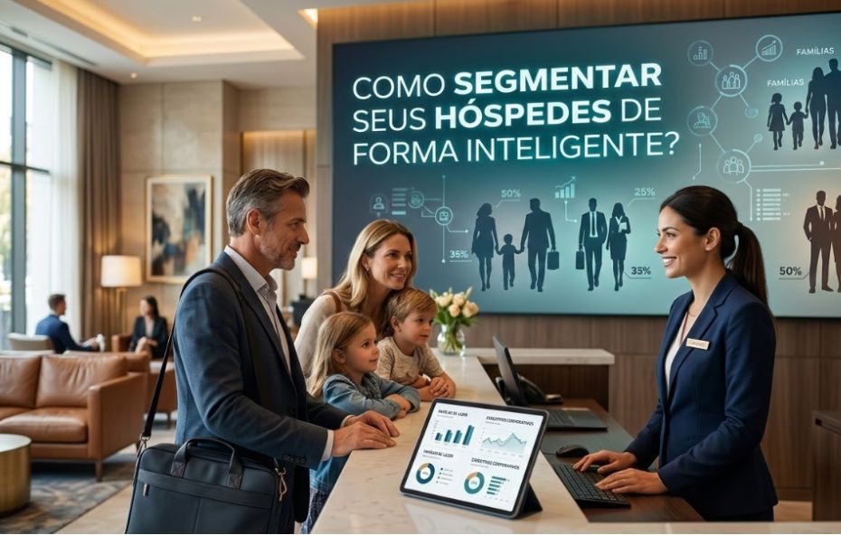Uma imagem profissional de alta qualidade mostrando a recepção de um hotel moderno e luxuoso. No balcão de mármore branco uma recepcionista sorridente atende uma família composta por um pai de terno com uma bolsa de ombro uma mãe e dois filhos pequenos. Ao fundo há um grande painel digital exibindo o título Como segmentar seus hóspedes de forma inteligente acompanhado de gráficos e ícones que representam diferentes perfis de viajantes como famílias e executivos. Sobre o balcão um tablet exibe painéis de análise de dados com gráficos de barras e pizzas reforçando o conceito de tecnologia aplicada à hospitalidade.