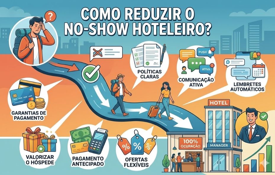 Uma ilustração didática e colorida mostrando o fluxo de um hóspede em direção a um hotel com cem por cento de ocupação. A imagem contém ícones representativos de garantias de pagamento, políticas claras, comunicação ativa, lembretes automáticos, valorização do cliente, pagamento antecipado e ofertas flexíveis. No canto superior esquerdo um viajante demonstra dúvida, enquanto no canto inferior direito um gerente hoteleiro sorri diante de um gráfico de crescimento.