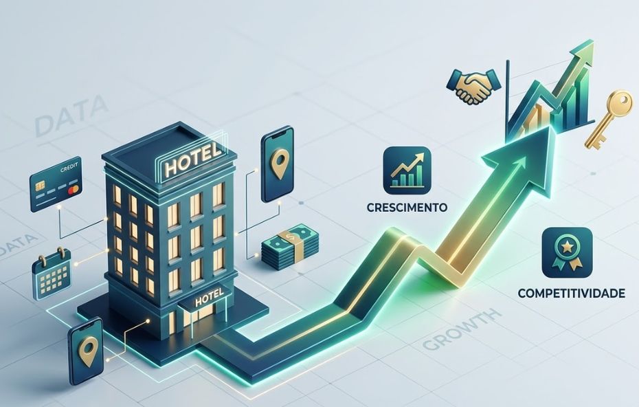 Ilustração isométrica de um edifício de hotel conectado a fluxos digitais de dados que se transformam em uma grande seta ascendente verde simbolizando crescimento e competitividade.