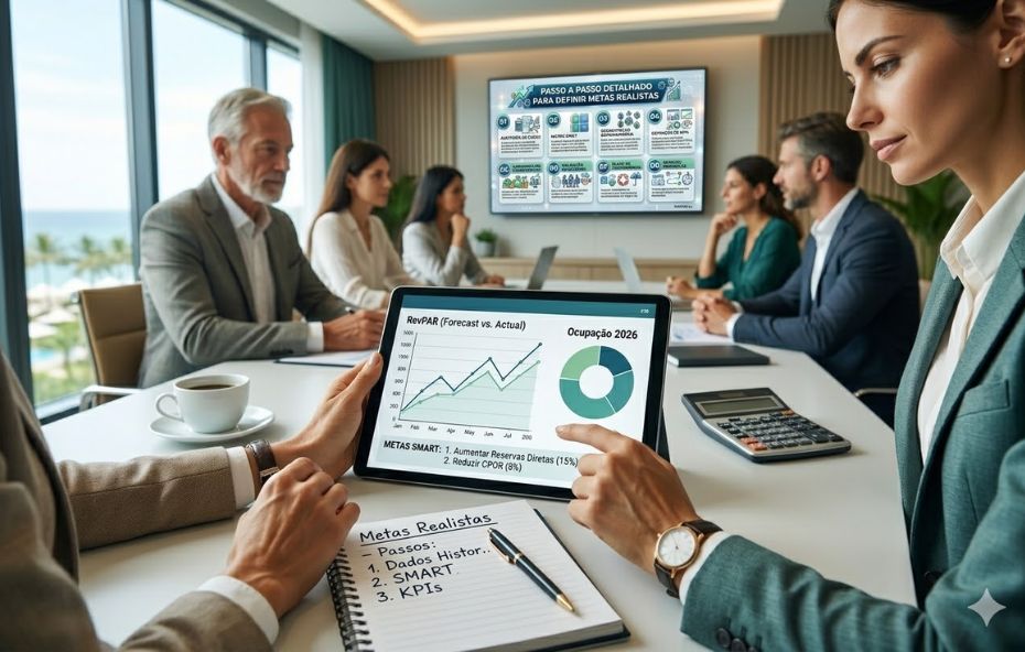 Fotografia de uma reunião de negócios em uma sala de conferências moderna e iluminada. No primeiro plano duas pessoas analisam um tablet que exibe gráficos de desempenho hoteleiro incluindo RevPAR e taxas de ocupação. Um caderno de anotações sobre a mesa lista passos estratégicos como análise de dados históricos e indicadores chaves de performance. Ao fundo um grupo de profissionais participa da discussão enquanto uma tela de televisão exibe um infográfico detalhado com oito passos para o planejamento estratégico hoteleiro. A sala possui grandes janelas com vista para uma área de praia e palmeiras.