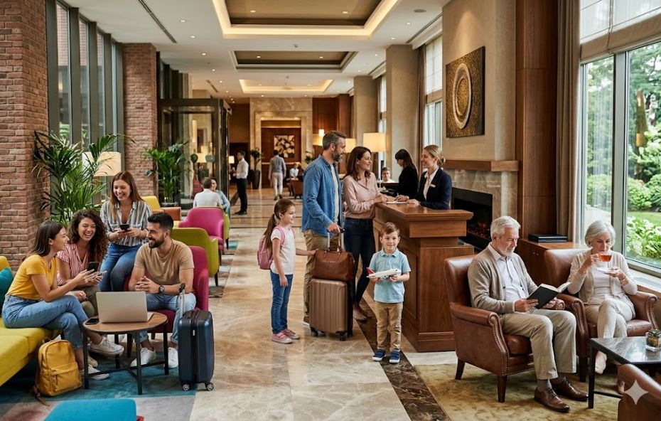 Uma colagem fotográfica dividida em quatro painéis verticais mostrando diferentes grupos de hóspedes em um hotel de luxo. Da esquerda para a direita, jovens profissionais colaborando em um lounge tecnológico, uma família com crianças pequenas brincando na piscina do resort, um casal de meia idade jantando romanticamente ao pôr do sol e um casal de idosos relaxando em roupões de banho em um spa. O piso de mármore do hotel está em primeiro plano.