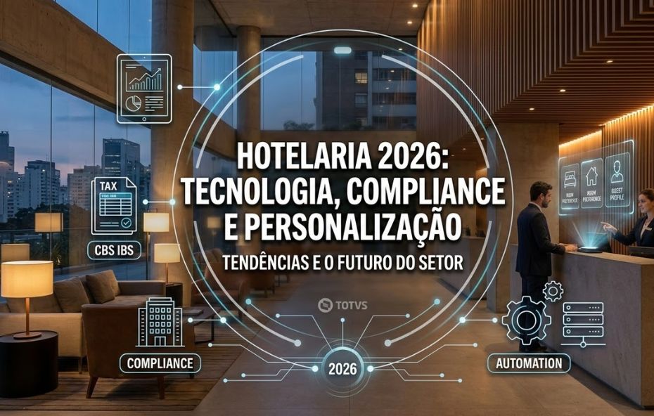A imagem mostra o interior de um saguão de hotel moderno com uma sobreposição de gráficos de tecnologia digital. À esquerda, há uma área de estar com sofás e lâmpadas, enquanto à direita, um hóspede em um terno interage com uma recepcionista em um balcão com painéis de madeira. O centro apresenta um grande título em português: "HOTELARIA 2026: TECNOLOGIA, COMPLIANCE E PERSONALIZAÇÃO", seguido por "TENDÊNCIAS E O FUTURO DO SETOR". Uma rede de ícones digitais flutuantes envolve o título, incluindo ícones para análise de dados, um documento fiscal marcado como "TAX CBS IBS", um ícone de edifício de "COMPLIANCE" e um ícone de engrenagem e servidor para "AUTOMATION". Na parte inferior central, o logotipo da TOTVS e o número "2026" são exibidos. Painéis de vidro grandes revelam uma paisagem urbana ao anoitecer ao fundo.
