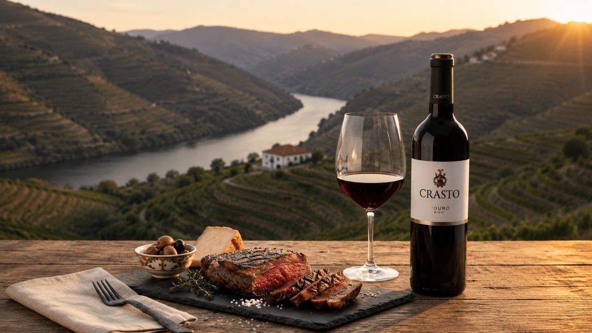 Garrafa de vinho tinto do Douro e taça servida ao lado de carne grelhada em mesa de madeira com vista panorâmica para o Rio Douro e vinhedos em Portugal.