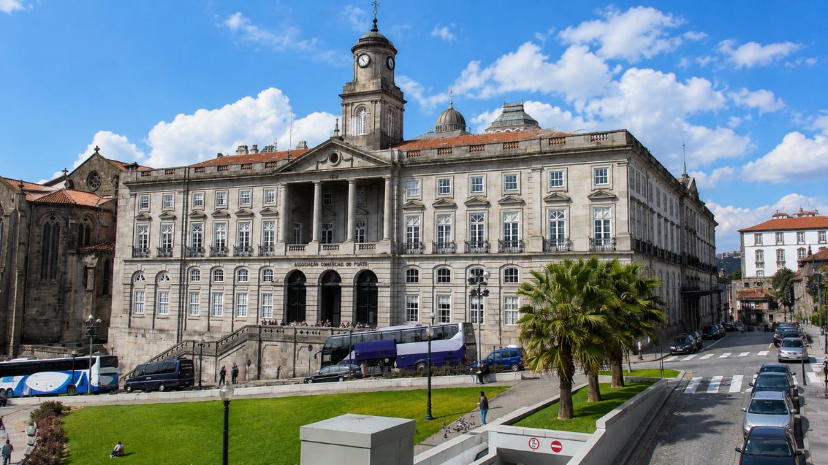 Vista exterior da imponente fachada de pedra do Palácio da Bolsa com sua torre de relógio central ao lado de um gramado com palmeiras sob céu azul.