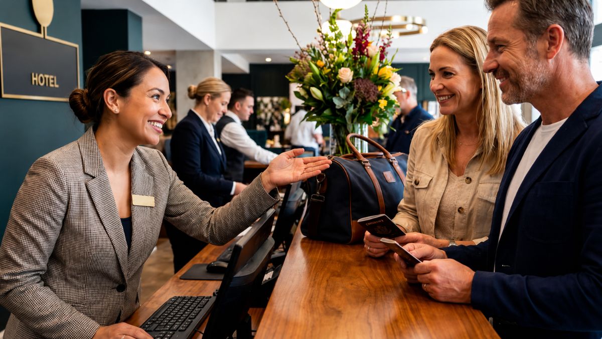 Uma recepcionista sorridente com blazer cinza atende um casal simpático no balcão de madeira da recepção de um hotel.