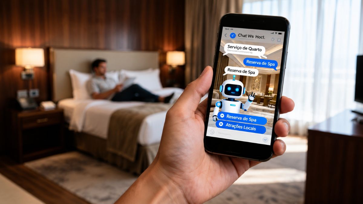 Pessoa segura um smartphone exibindo um chat de atendimento virtual para hóspedes, enquanto um quarto de hotel moderno aparece desfocado ao fundo.