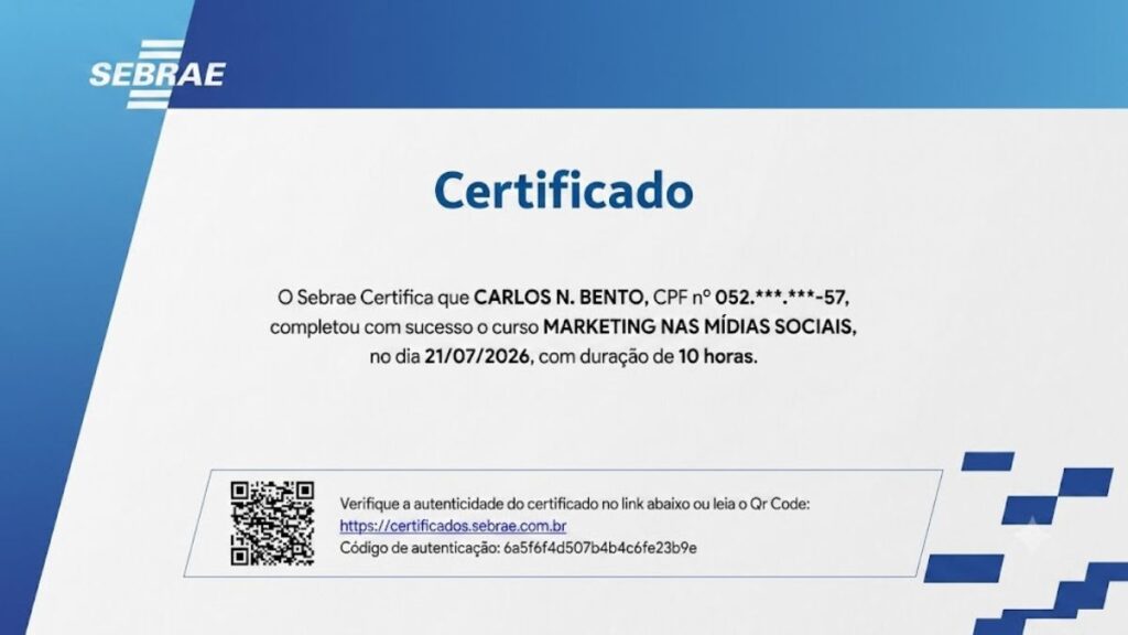 Certificado digital de conclusão do curso de Marketing nas Mídias Sociais emitido pelo Sebrae para Carlos N Bento.