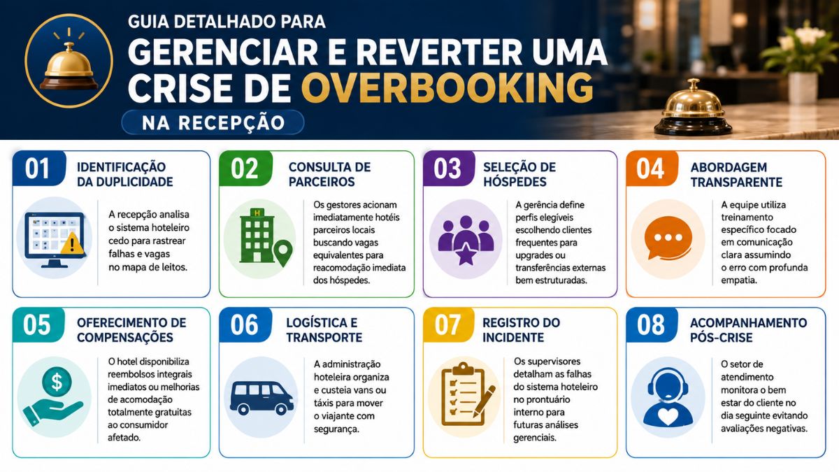 Infográfico profissional apresenta oito etapas para gerenciar uma crise de overbooking na recepção de um hotel, abordando identificação da duplicidade, consulta de parceiros, seleção de hóspedes, comunicação transparente, compensações, transporte, registro do incidente e acompanhamento após a resolução.