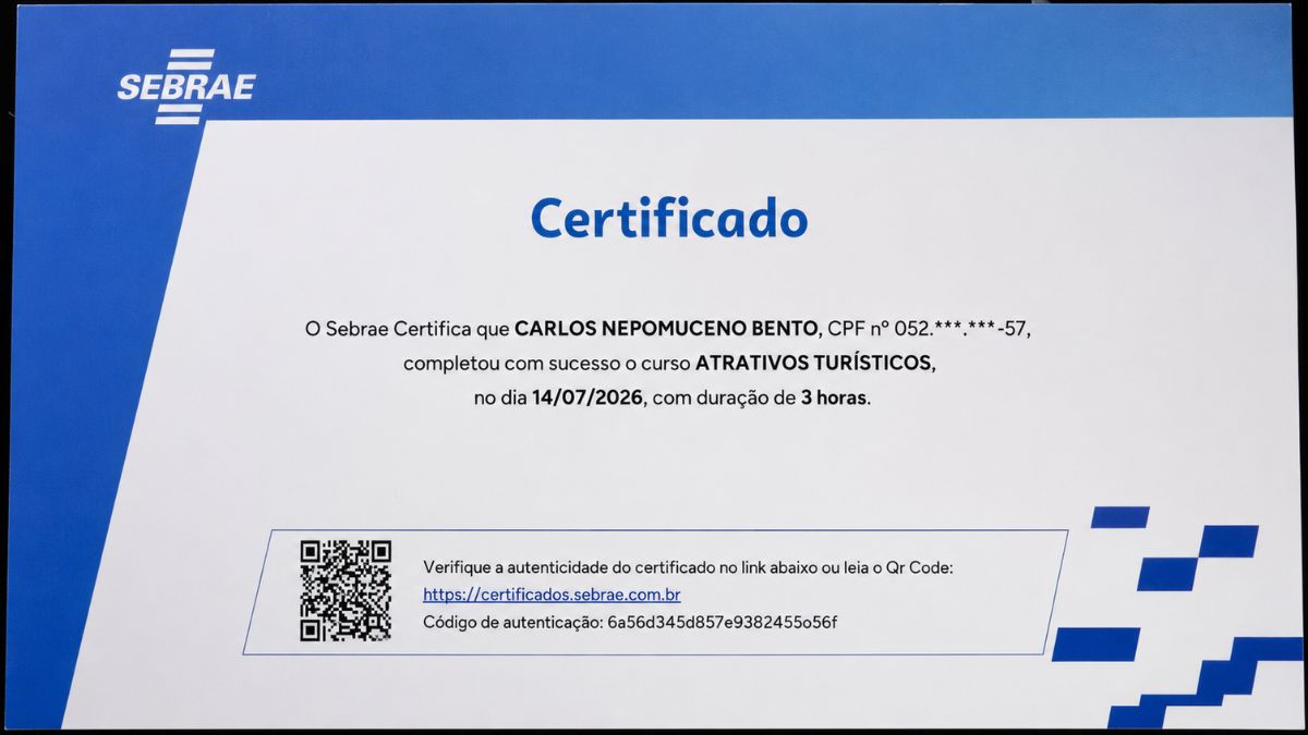Certificado oficial do Sebrae emitido para Carlos N. Bento que comprova a conclusão do curso de qualificação em atrativos turísticos realizado no dia quatorze de julho de dois mil e vinte e seis com carga horária de três horas.